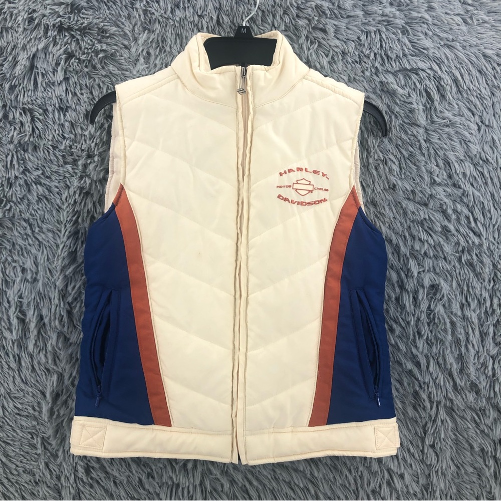 Harley Davidson Jacket Womens Size Small White Orange Puffer Logo Full Zip
